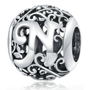 Sterling Silber 925 Magic Alphabet Buchstabe N mit Blumen, Perle für Armband