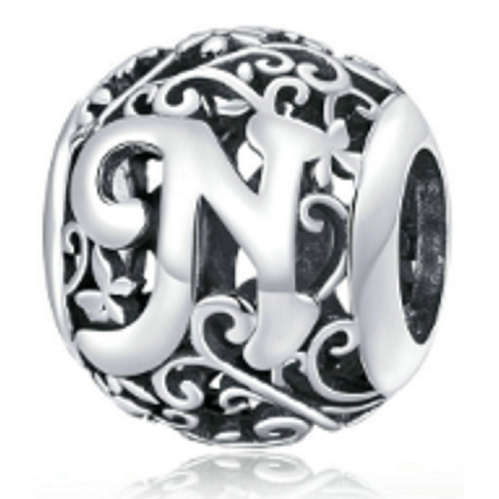 Sterling Silber 925 Magic Alphabet Buchstabe N mit Blumen, Perle für Armband
