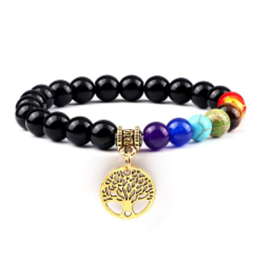 Chakra-Armband elastisch Lebensbaum + Obsidian, Naturstein, Perle 8 mm / 16-17 cm, Stein der Erlösung