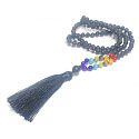 108 Mala 7 Chakra Halskette, Onyx Meditationsschmuck, Naturstein geknüpft, elastisch, Quaste 8 cm, Perle 6 mm