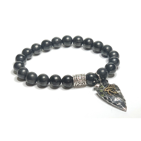 Shungit + Auge des Horus Armband elastischer Naturstein, Kugel 8 mm / 16 - 17 cm, Stein des Lebens
