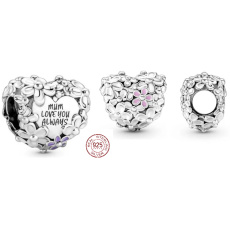 Charme Sterling Silber 925 Herz mit Gänseblümchen für Mama, Perle auf Armband Familie