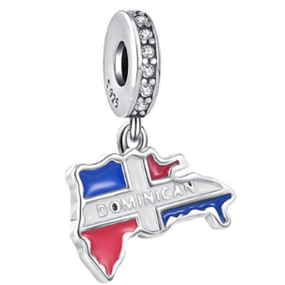 Charm Sterlingsilber 925 Dominikanische Republik Flagge - schwingende Karte, Anhänger für Reise-Armband