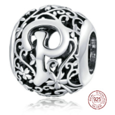 Sterling Silber 925 Magic Alphabet Buchstabe P mit Blumen, Perle für Armband