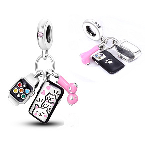 Sterling Silber 925 Telefon, Kopfhörer und intelligente Uhr 3in1, Anhänger am Armband Interessen Sterling Silber 925 Telefon, Kopfhörer und intelligente Uhr 3in1, Anhänger am Armband Interessen