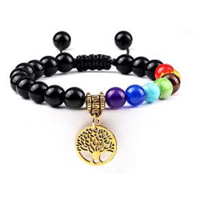 Chakra-Armband Lebensbaum + Obsidian, Naturstein, handgestrickt, größenverstellbar, 8 mm Kugel, Rettungsstein