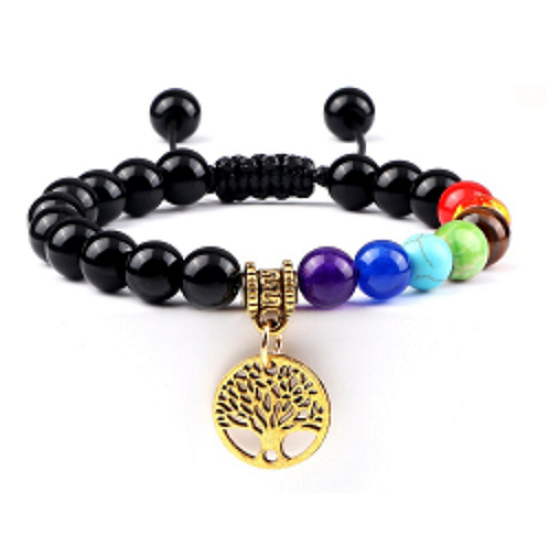 Chakra-Armband Lebensbaum + Obsidian, Naturstein, handgestrickt, größenverstellbar, 8 mm Kugel, Rettungsstein
