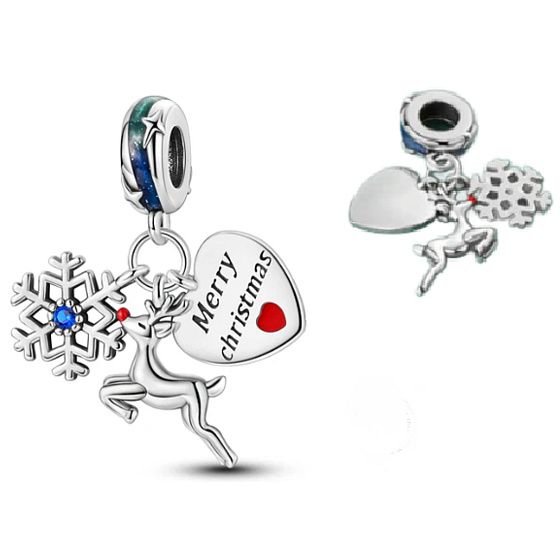 Charm Sterlingsilber 925 Weihnachten 3-in-1 Schneeflocke, Rentier und Herz, Anhänger für Armband Weihnachten
