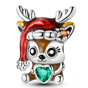 Charm Sterlingsilber 925 Weihnachtsrentier mit Herz, Perle für Armband Weihnachten