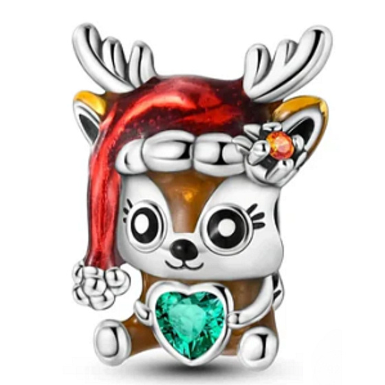 Charm Sterlingsilber 925 Weihnachtsrentier mit Herz, Perle für Armband Weihnachten