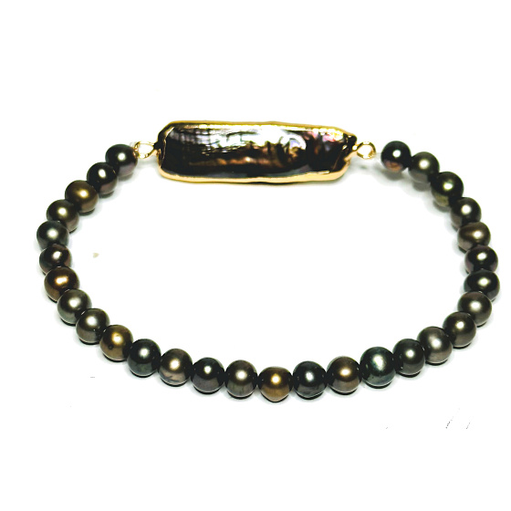 Perle schwarz mit Verzierung elastisches Armband natürlich, Kugel 4-5 mm / 16 - 17 cm, Symbol der Weiblichkeit, bringt Bewunderung