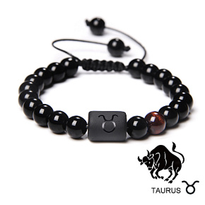 Onyx Taurus Sternzeichen, Natursteinarmband, 8mm Kugel/ verstellbare Größe, Lebenskraftstein