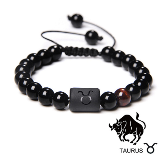 Onyx Taurus Sternzeichen, Natursteinarmband, 8mm Kugel/ verstellbare Größe, Lebenskraftstein