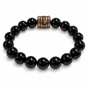 Elastisches Obsidian-Armband mit Perle im tibetischen Stil, Naturstein, Kugel 10 mm / 16–17 cm | Talisman für Schutz und innere Stärke