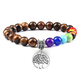 Chakra-Armband Lebensbaum + Tigerauge, elastischer Naturstein, Kugel 8 mm / 16-17 cm, Sonnen- und Erdstein, bringt Glück und Reichtum