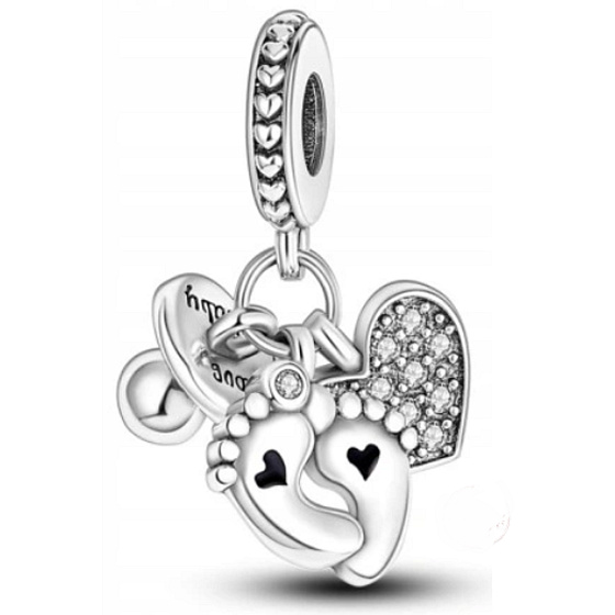 Charme Sterling Silber 925 Mein Baby 3in1 Herz, Fußabdruck, Schnuller, Anhänger für Armband Familie