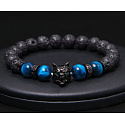 Lava schwarz + Tigerauge hellblau + Wolfskopf Armband elastischer Naturstein, Kugel 8 mm / 19 cm