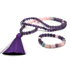 108 Mala Amethyst + Rosmarin Halskette Meditationsschmuck, Naturstein + Armband Naturstein, Kugel 8 mm