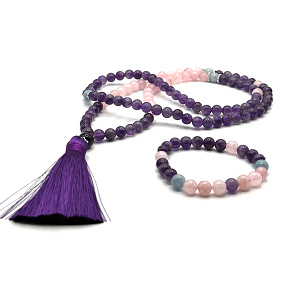 108 Mala Amethyst + Rosmarin Halskette Meditationsschmuck, Naturstein + Armband Naturstein, Kugel 8 mm