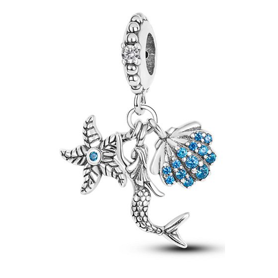 Sterling Silber 925 Meerjungfrau, Seestern, Muschel, 3in1 Armband-Anhänger, Meer