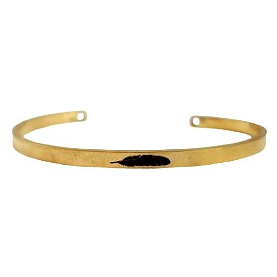 Edelstahlarmband gold mit Gravur Feder, offene Manschette, 4 mm