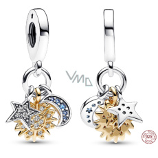 Sterling Silber 925 Himmels-Charm mit Zirkonia, Sonne, Stern, Mondsichel, 3in1 Universum Armband-Anhänger Sterling Silber 925 Himmels-Charm mit Zirkonia, Sonne, Stern, Mondsichel, 3in1 Universum Armband-Anhänger