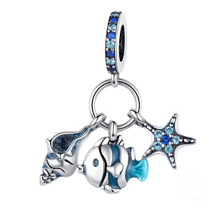 Charm Sterlingsilber 925 Fisch, Muschel, Seestern 3-in-1, Anhänger für Armband Meer Charm Sterlingsilber 925 Fisch, Muschel, Seestern 3-in-1, Anhänger für Armband Meer