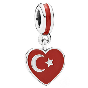 Charm Sterlingsilber 925 Türkische Flagge Herz - Ich liebe die Türkei, Anhänger für Reise-Armband