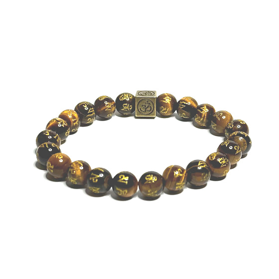 Tigerauge mit königlichem Mantra Om Armband elastischer Naturstein, Kugel 8 mm / 16-17 cm, Stein der Sonne und Erde, bringt Glück und Reichtum