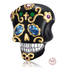 Charm Sterlingsilber 925 Schädel schwarz und goldenes Kreuz, Perle für Armband Halloween