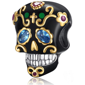 Charm Sterlingsilber 925 Schädel schwarz und goldenes Kreuz, Perle für Armband Halloween