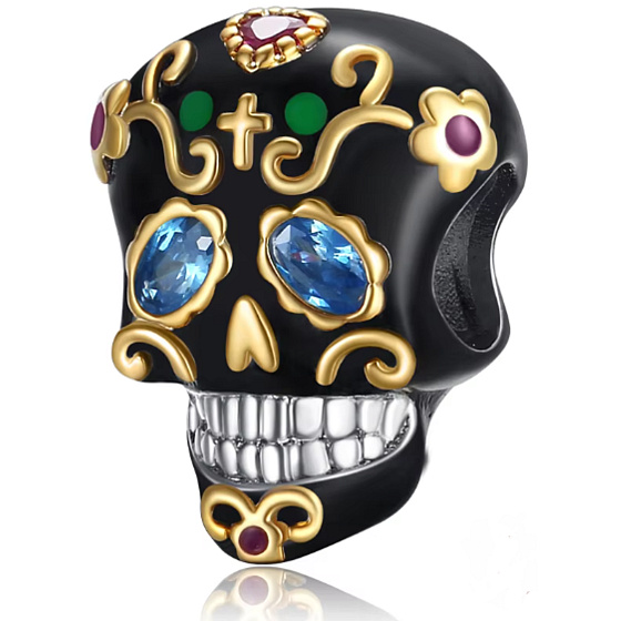 Charm Sterlingsilber 925 Schädel schwarz und goldenes Kreuz, Perle für Armband Halloween