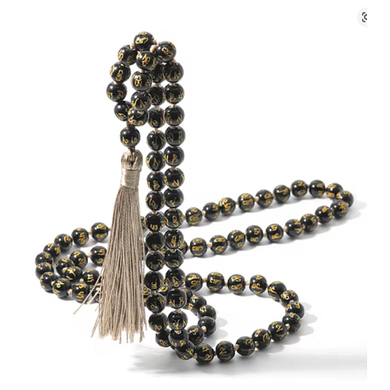 Mala-Halskette mit 108 Perlen 6 mm aus schwarzem Obsidian Om Mani Padme Hum | Schutz, Meditation und innerer Frieden