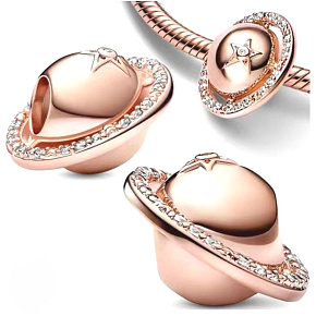 Charm 925 Sterling Silber Planet Saturn Funkelnder Stern mit Ring, Perle für Armband Weltraum