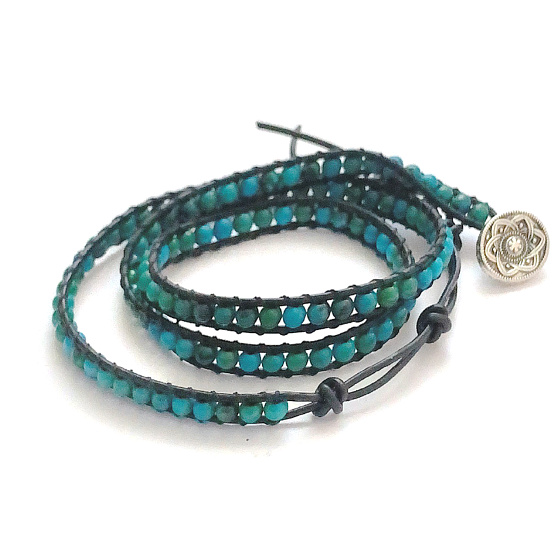 Chrysokoll Lederarmband Naturstein Wickelperle handgestrickt 4 mm / ca. 51 cm + 6 cm, König Salomon Stein