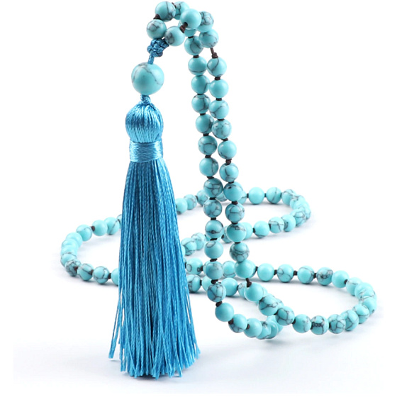 108 Mala Tyrkenit Halskette, Meditationsschmuck, Naturstein, Quaste 8 cm, Perle 6 mm, beruhigender Stein