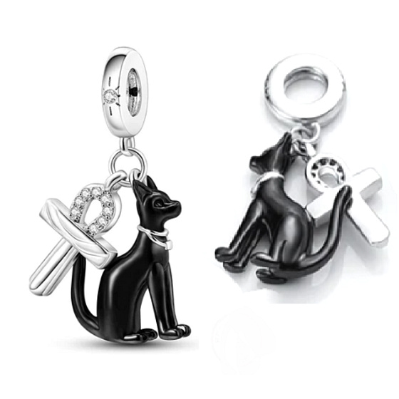 Charm Sterling Silber 925 Schwarz Ägyptische Katze und Ankh Charm, Anhänger am Armreif Symbol